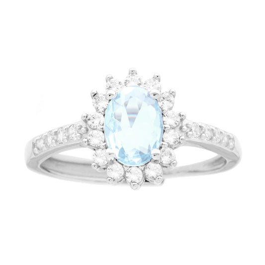 Anello Halo Solitario con Zircone Ovale colore Acquamarina e Zirconi Bianchi in ARGENTO 925 Galvanica Rodio