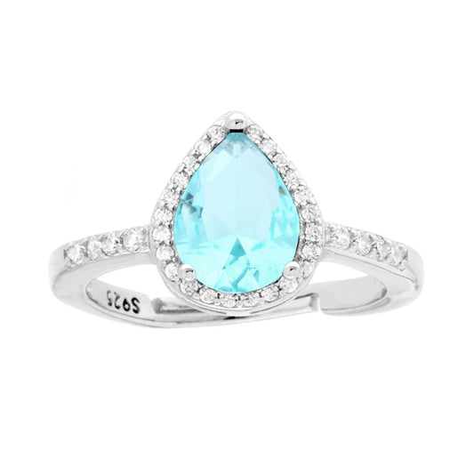 Anello Halo Solitario con Zircone a Goccia Acquamarina contornato con Zirconi Bianchi in ARGENTO 925 Galvanica Rodio