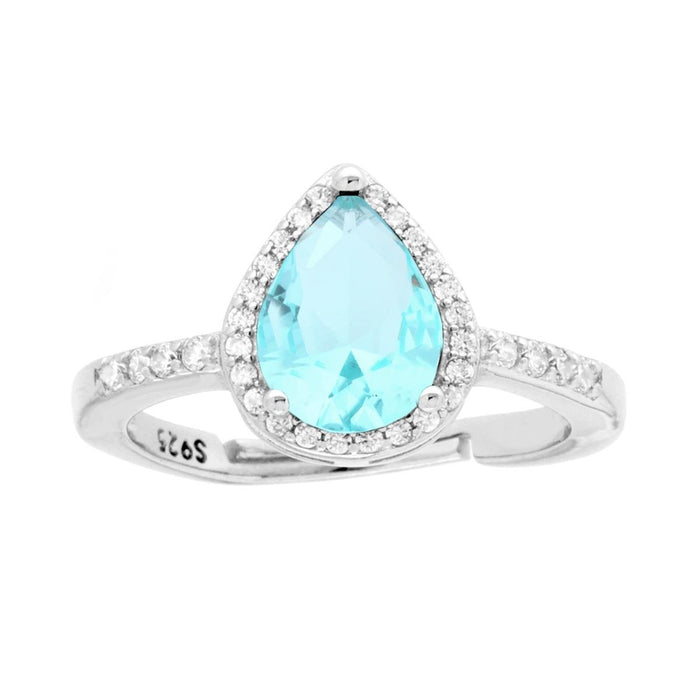 Anello Halo Solitario con Zircone a Goccia Acquamarina contornato con Zirconi Bianchi in ARGENTO 925 Galvanica Rodio