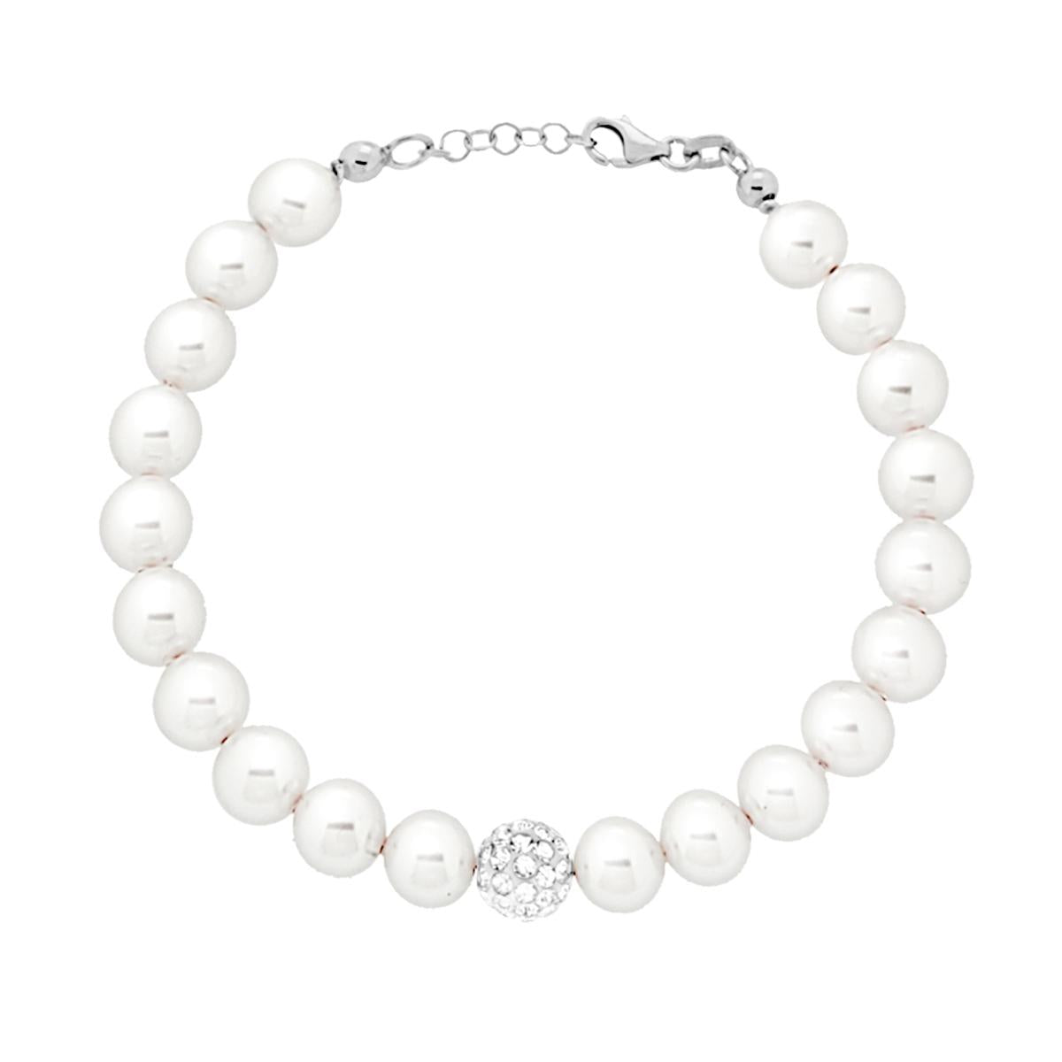 Bracciale Filo Perla Bianca mm 8 in vetro perlato con pallina Crystal Bianco con filo e chiusura in ARGENTO 925 Galvanica Rodio