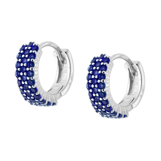 Orecchini Cerchio tre fili con Zirconi Blu Zaffiro in ARGENTO 925 Galvanica Rodio
