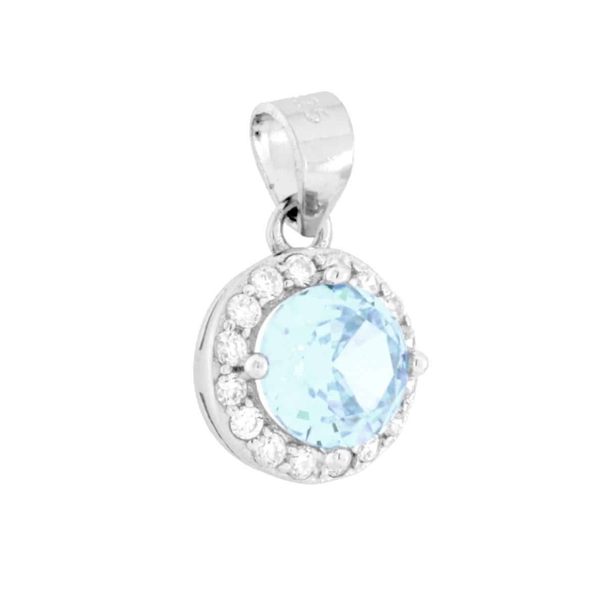 Ciondolo Tondo Acquamarina con Cubic Zirconia Bianchi in ARGENTO 925 Galvanica Rodio