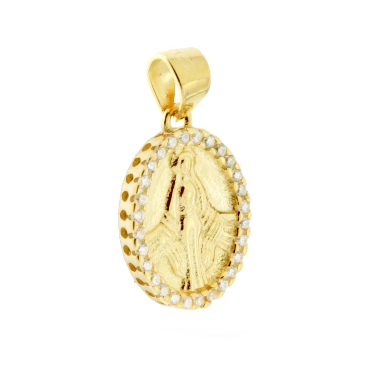 Ciondolo Medaglia Ovale mm 15 con Madonna Miracolosa e Zirconi Bianchi in ARGENTO 925 Galvanica Oro