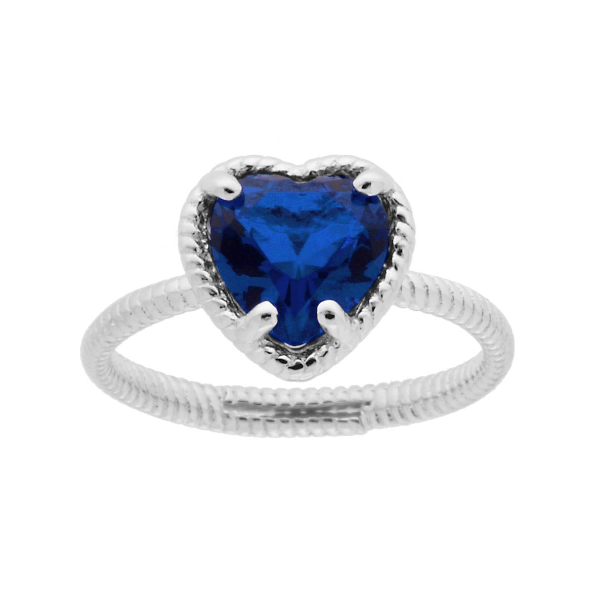 Anello Solitario con Cuore Cubic Zirconia Blu Zaffiro in ARGENTO 925 Galvanica Rodio