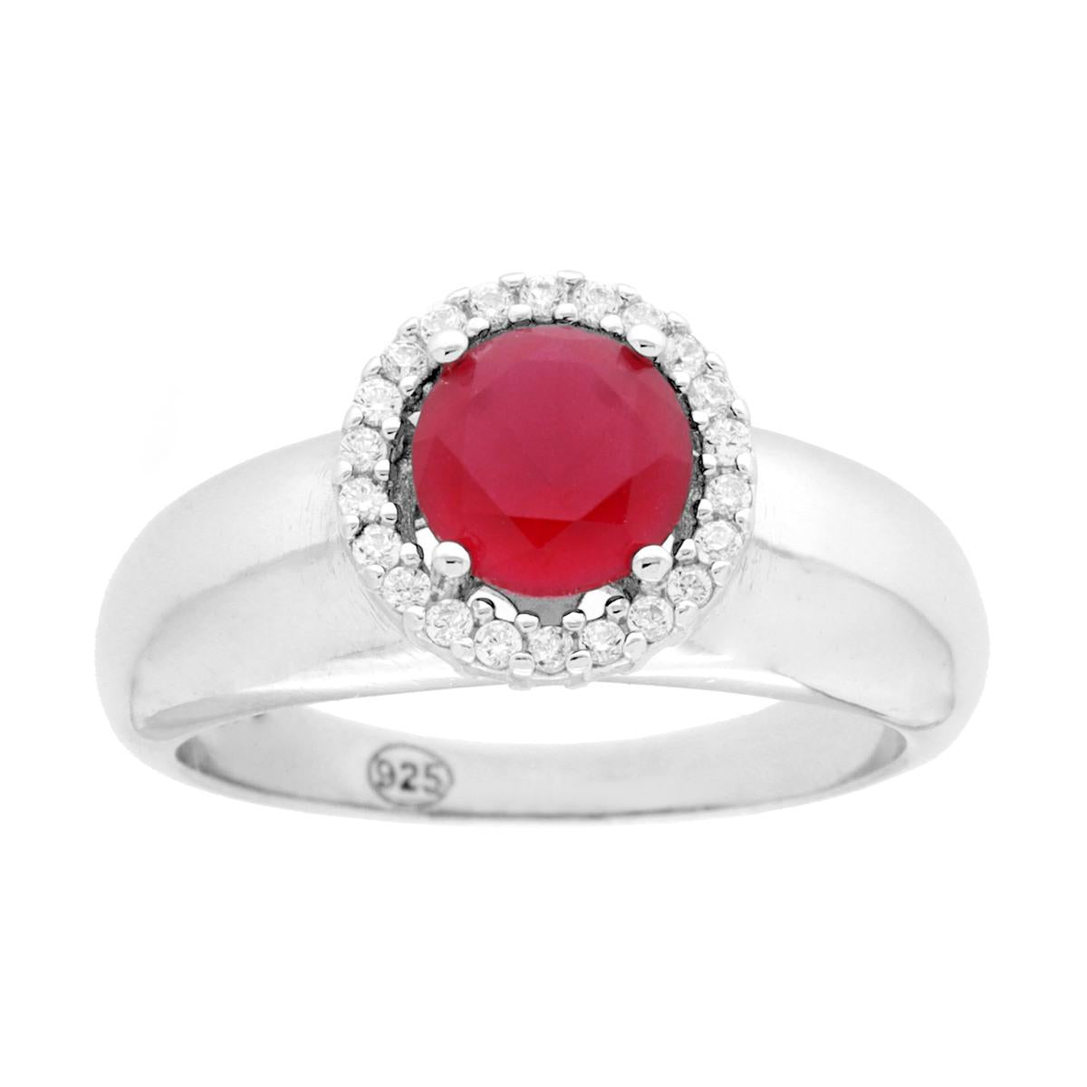 Anello Solitario Zircone Tondo Rosso Rubino contornato con Cubic Zirconia Bianchi in ARGENTO 925 Galvanica Rodio