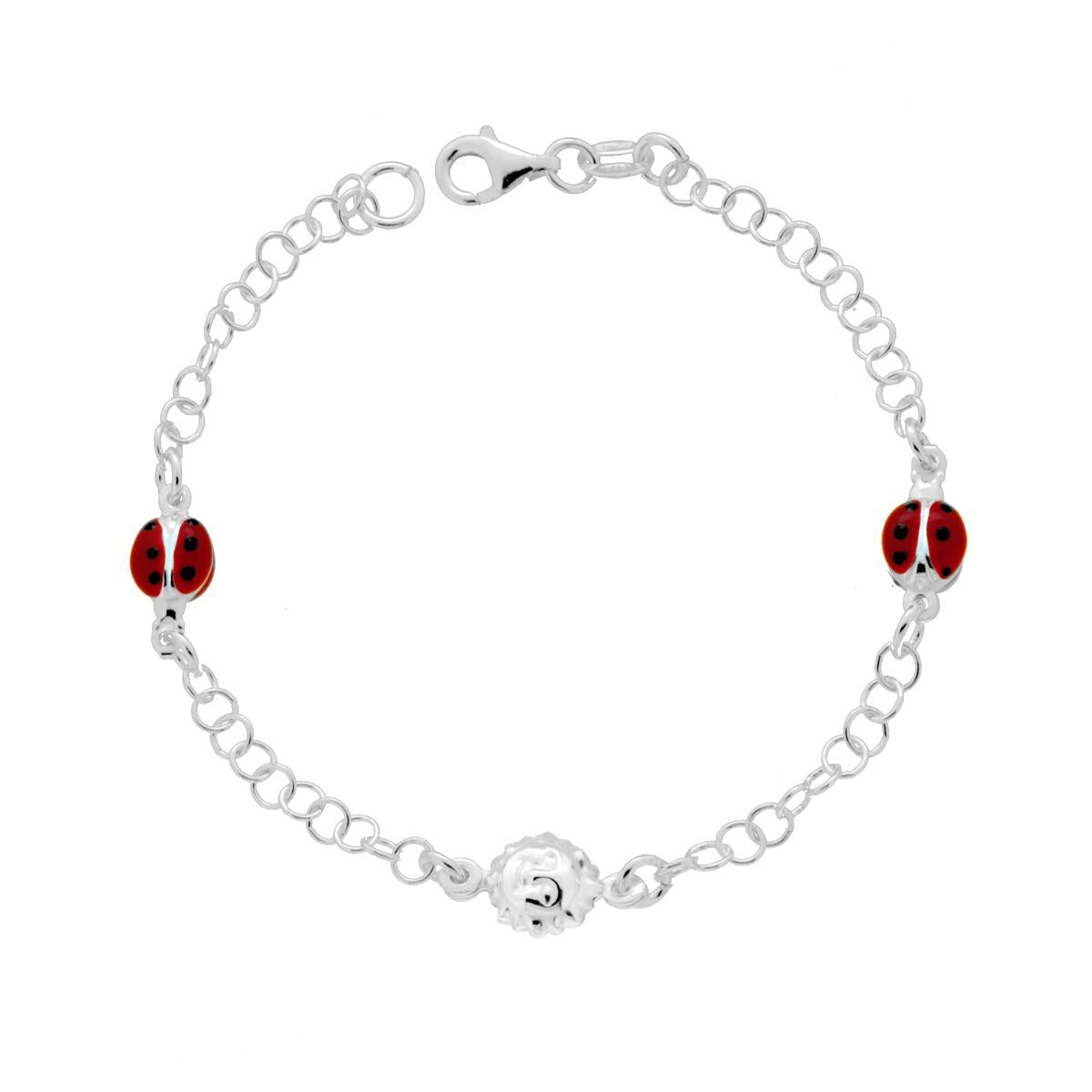 Bracciale Catena Forzatina Tonda con Sole e Coccinelle Smalto Rosso e Nero in ARGENTO 925