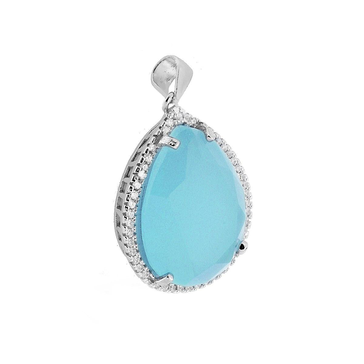 Ciondolo Goccia con Pietra Turchese sfaccettata contornata con Zirconi Bianchi in ARGENTO 925 Galvanica Rodio