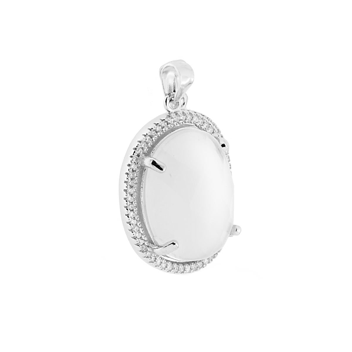 Ciondolo Geometrico Ovale con Pietra Bianca sfaccettata contornata con Zirconi Bianchi in ARGENTO 925 Galvanica Rodio