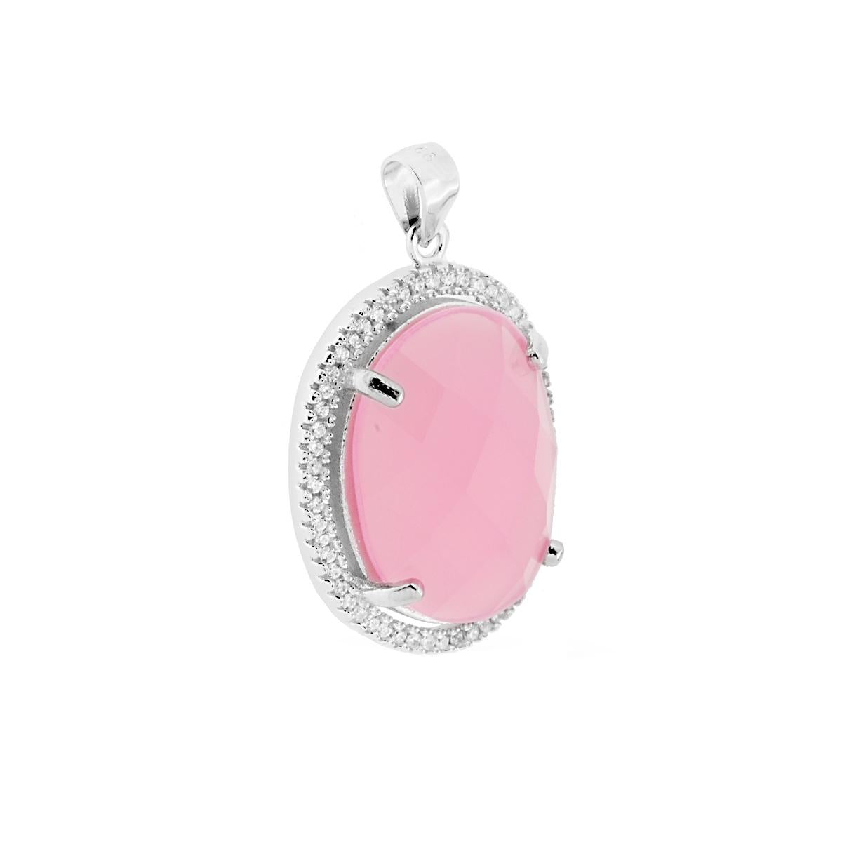 Ciondolo Geometrico Ovale con Pietra Rosa sfaccettata contornata con Zirconi Bianchi in ARGENTO 925 Galvanica Rodio