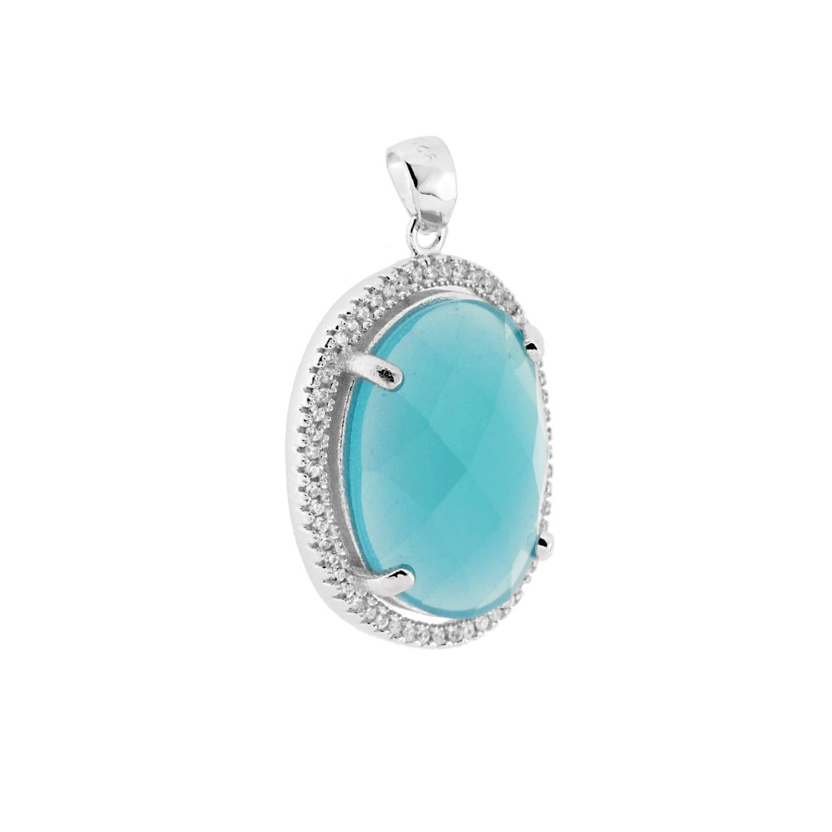 Ciondolo Geometrico Ovale con Pietra Turchese sfaccettata contornata con Zirconi Bianchi in ARGENTO 925 Galvanica Rodio