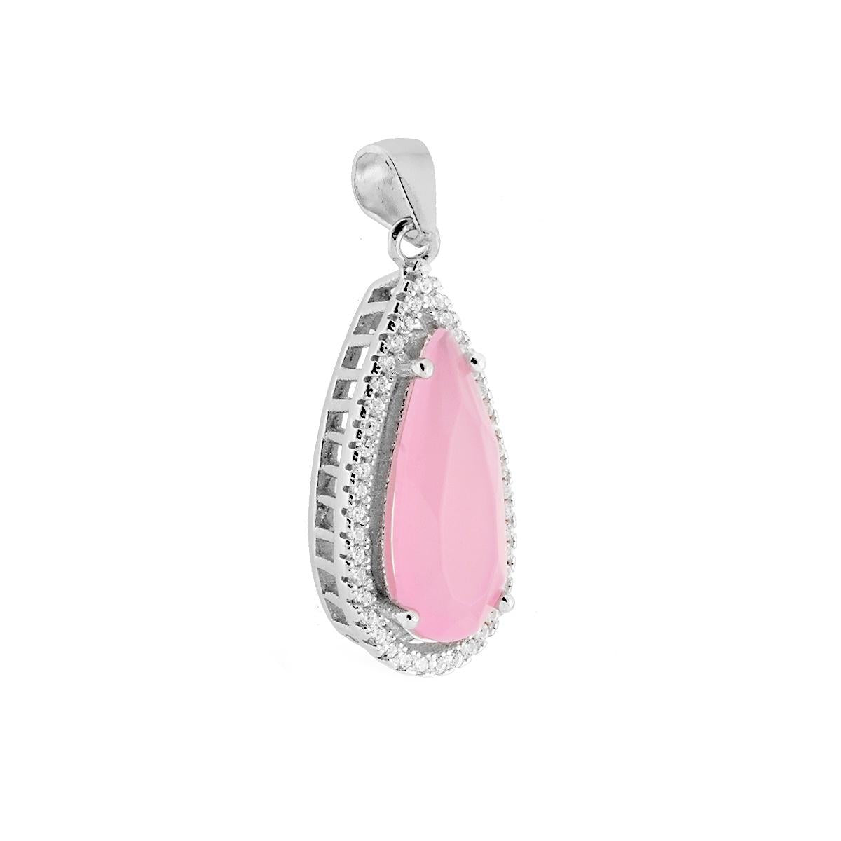 Ciondolo Goccia con Pietra Rosa sfaccettata contornata con Zirconi Bianchi in ARGENTO 925 Galvanica Rodio