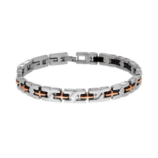 Bracciale Uomo Maglia Imperniata con Catena Acciaio e Croci colore Rosa in ACCIAIO