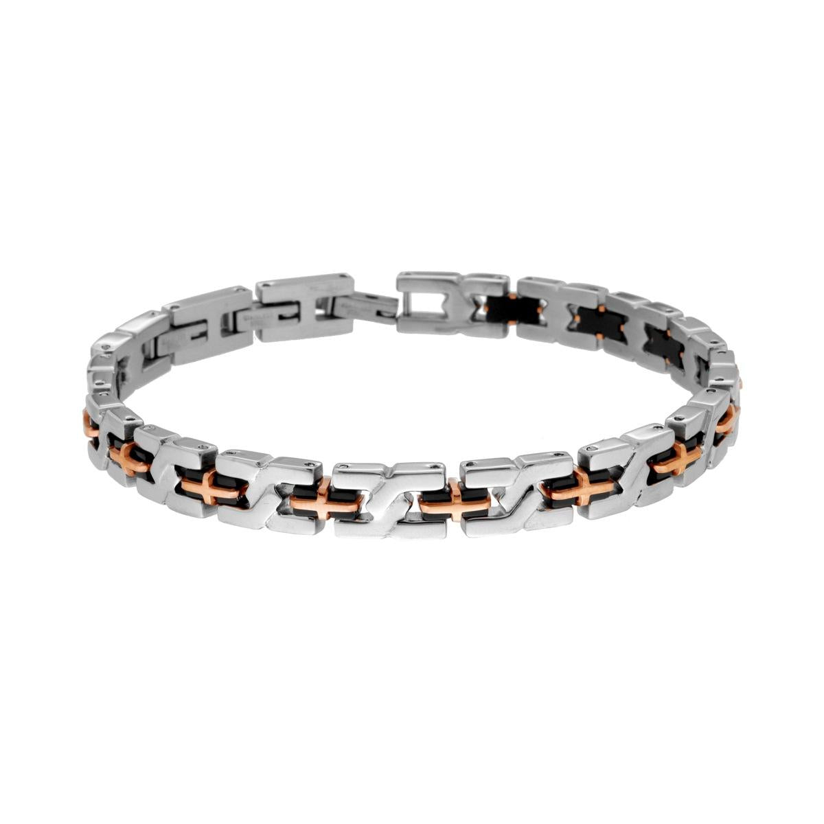 Bracciale Uomo Maglia Imperniata con Catena Acciaio e Croci colore Rosa in ACCIAIO