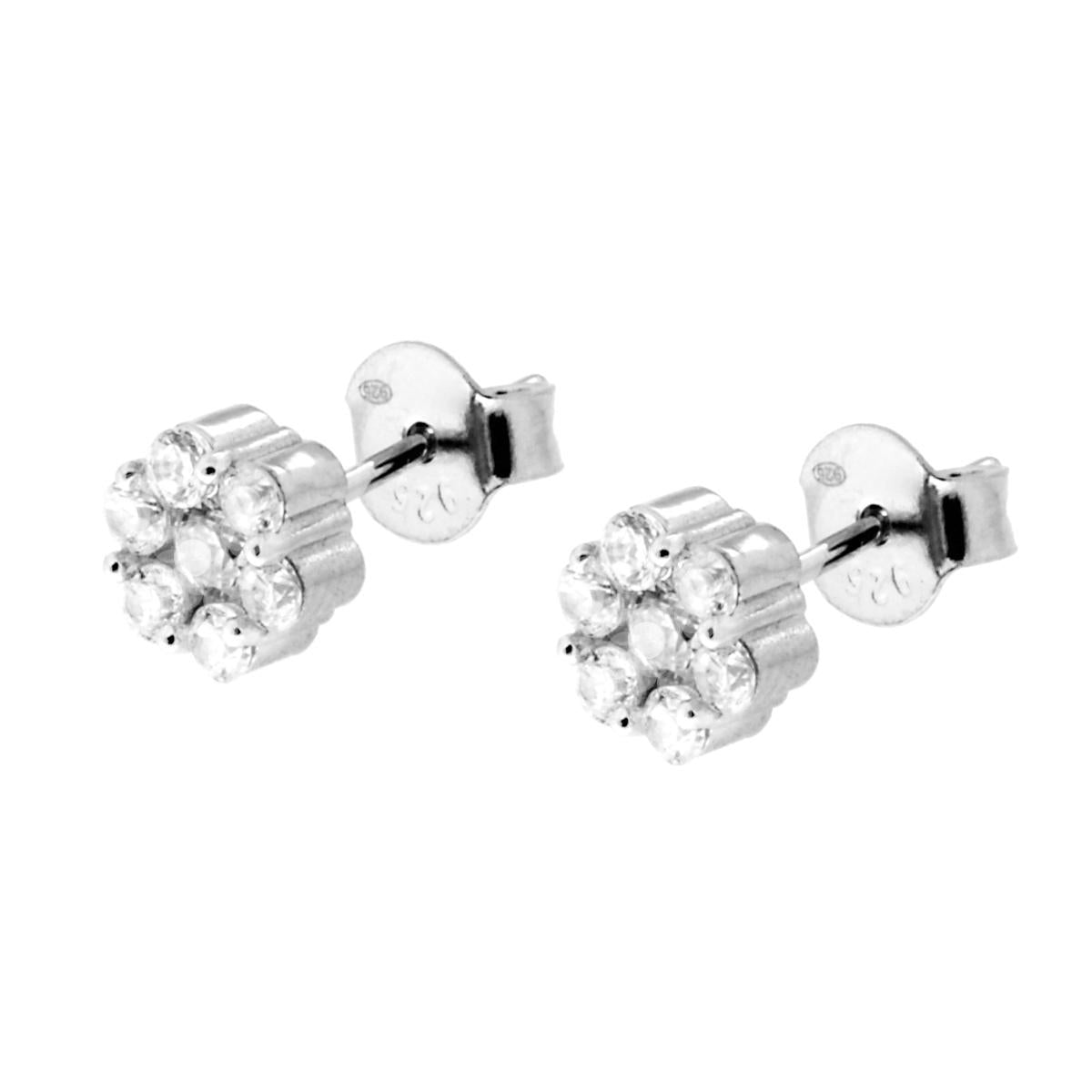 Orecchini Fiore con petali Zirconi Bianchi e centrale Zircone Bianco in ARGENTO 925 Galvanica Rodio