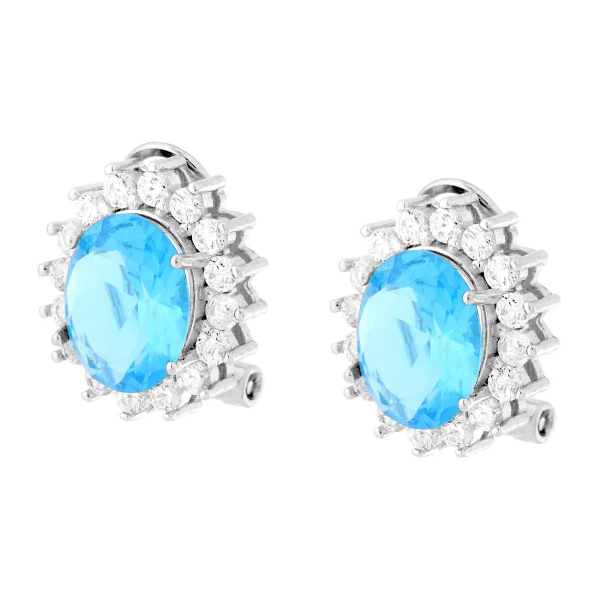 Orecchini Clip Zircone Ovale Acquamarina contornato con Zirconi Bianchi in ARGENTO 925 Galvanica Rodio