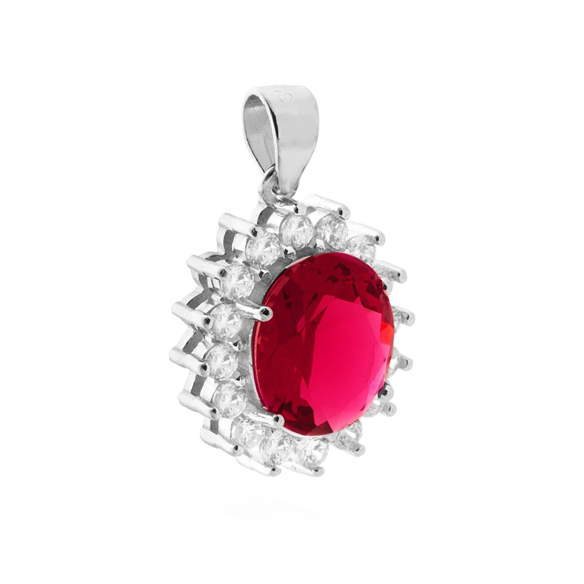 Ciondolo con Zircone Ovale Rosso Rubino contornato da Zirconi Bianchi in ARGENTO 925 Galvanica Rodio