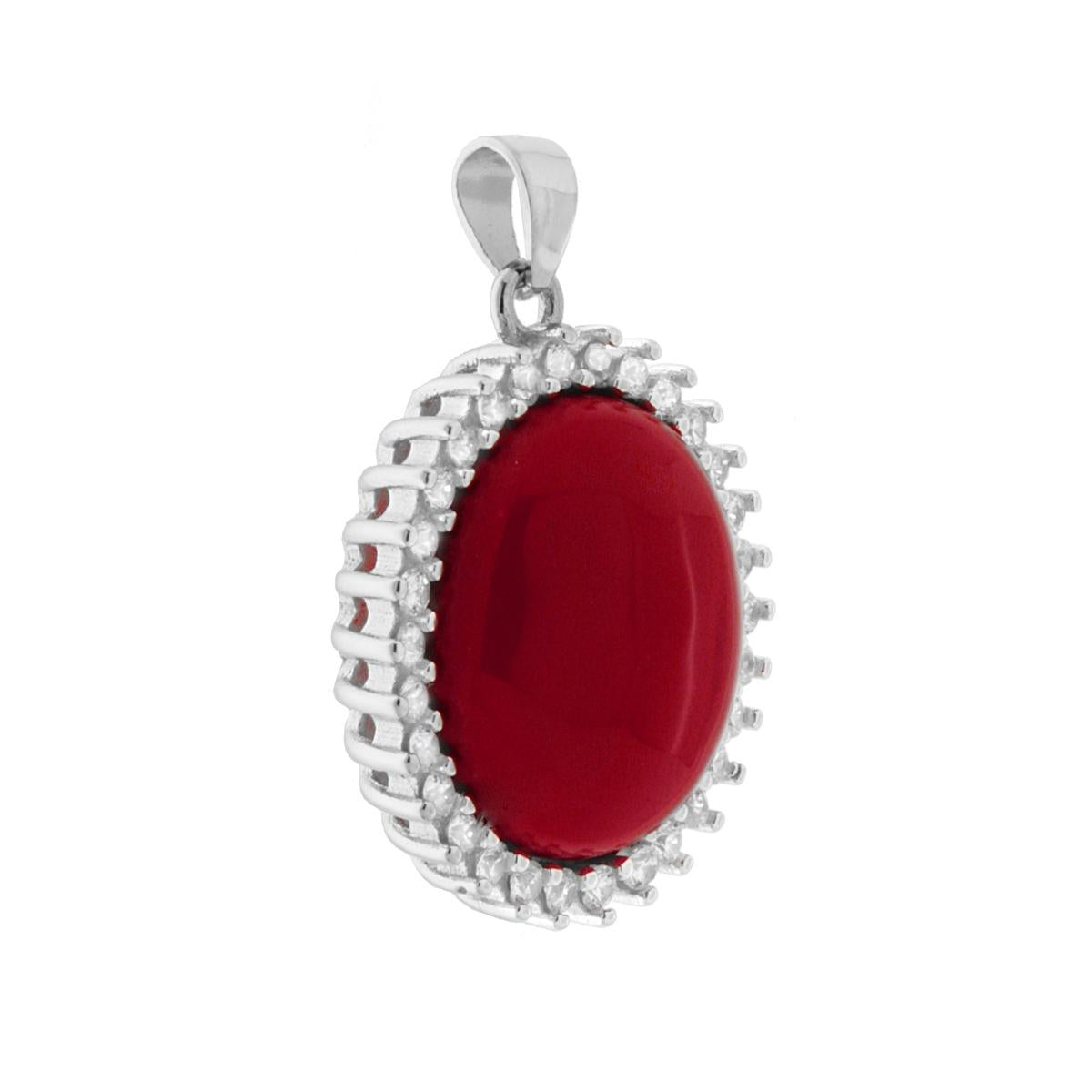 Ciondolo Ovale Corallo contornato da Cubic Zirconia Bianchi in ARGENTO 925 Galvanica Rodio