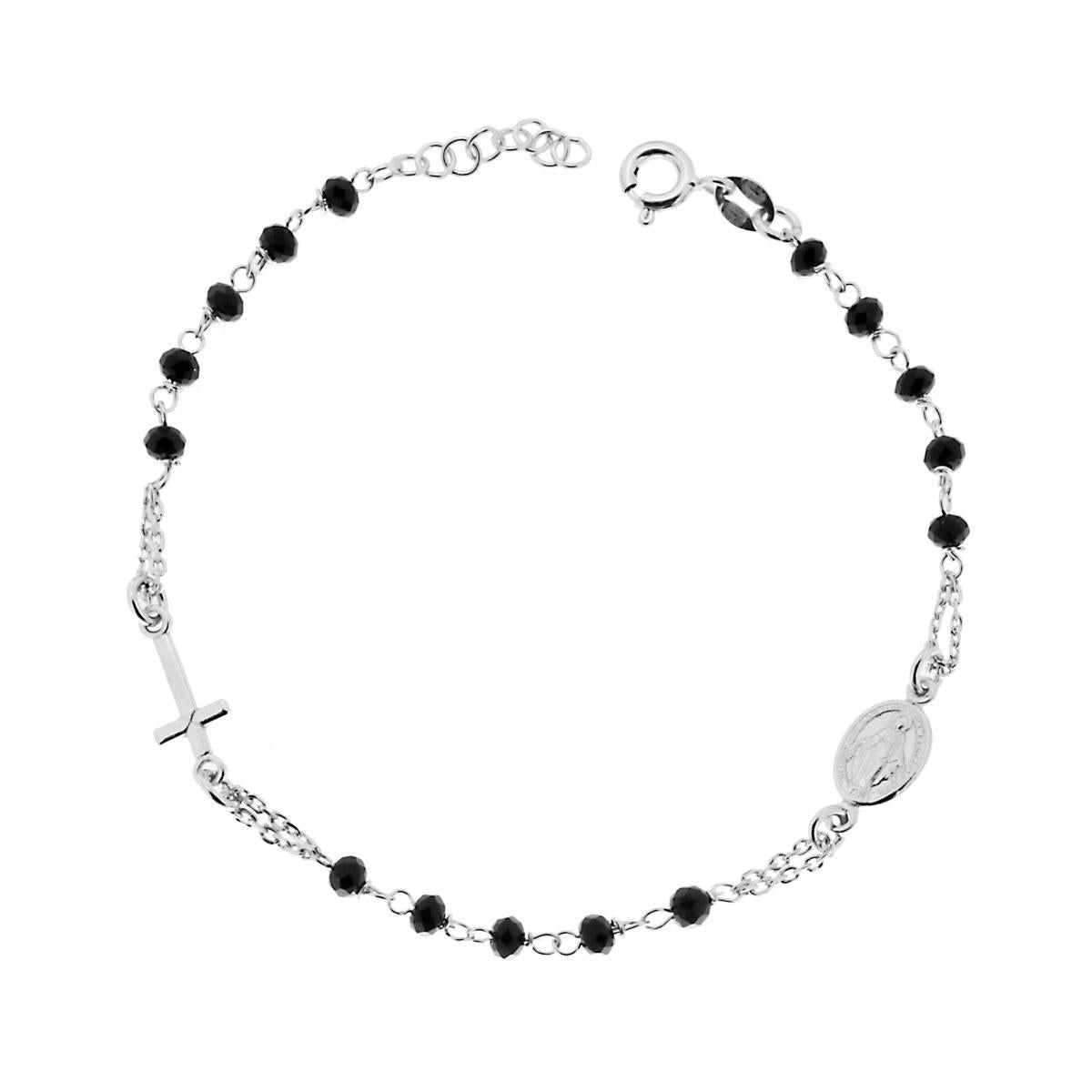 Bracciale Rosario classico cm 20 con Grani in Crystal colore Nero mm 3.5 in ARGENTO 925 Galvanica Rodio