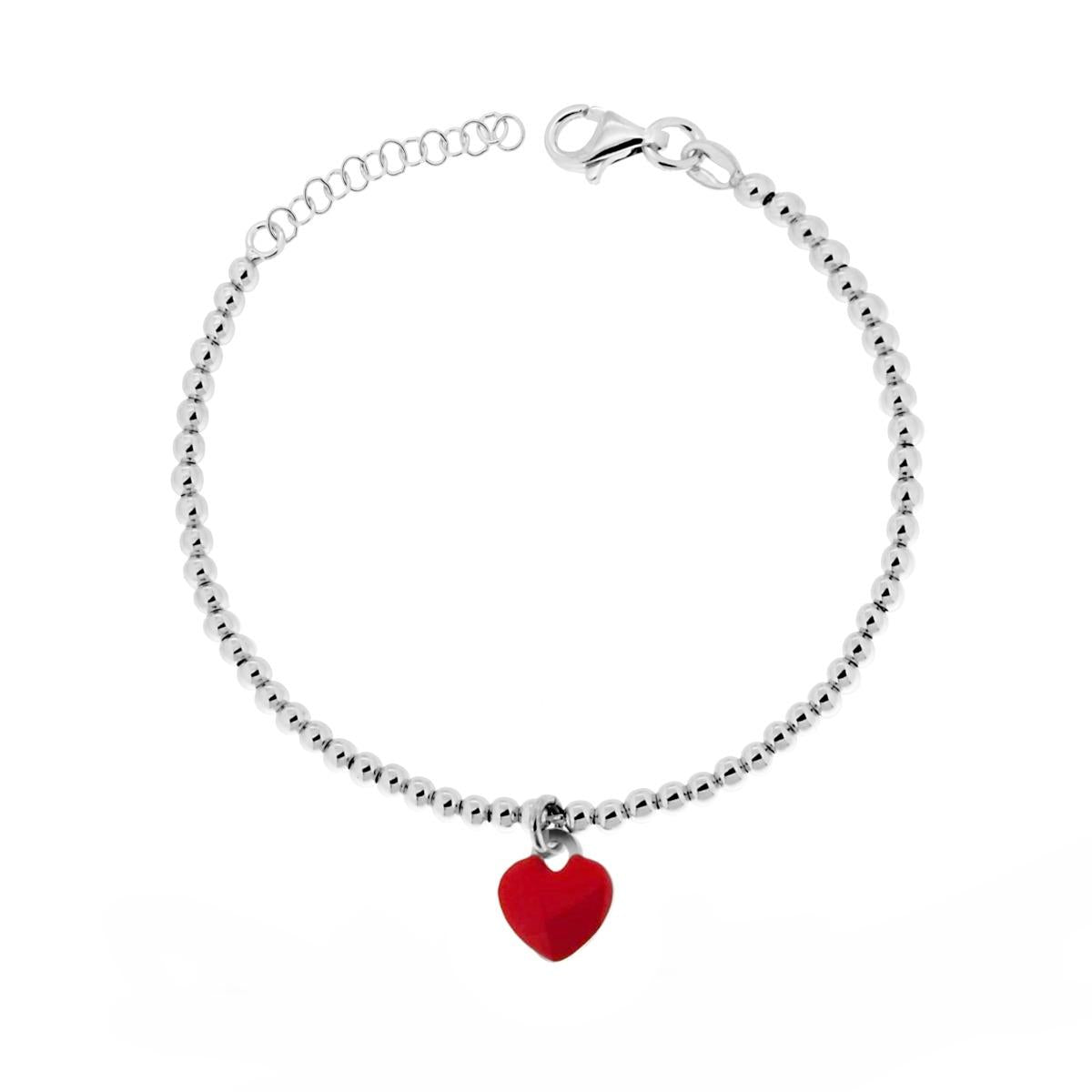 Bracciale con Palline mm 3 e Cuore Smalto Rosso in ARGENTO 925 Galvanica Rodio