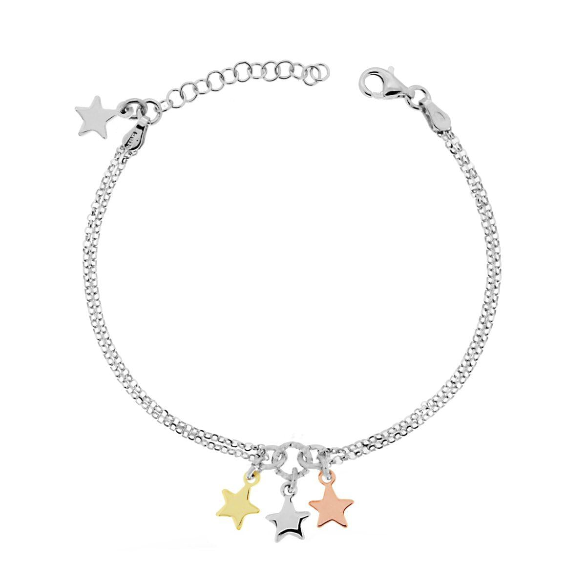 Bracciale Catena due fili Rolo Diamantata con Stelle pendenti Galvanica Rodio Oro e Rosa in ARGENTO 925 Galvanica Rodio