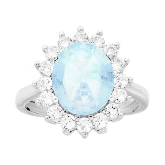 Anello Halo Solitario con Zircone Ovale Acquamarina contornato con Zirconi Bianchi in ARGENTO 925 Galvanica Rodio