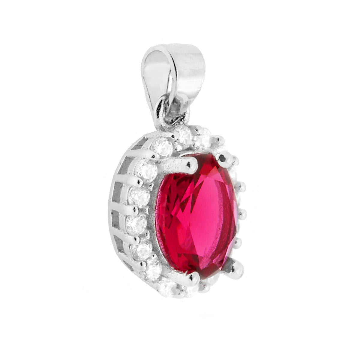 Ciondolo con Zircone Ovale Rosso Rubino contornato con Zirconi Bianchi in ARGENTO 925 Galvanica Rodio