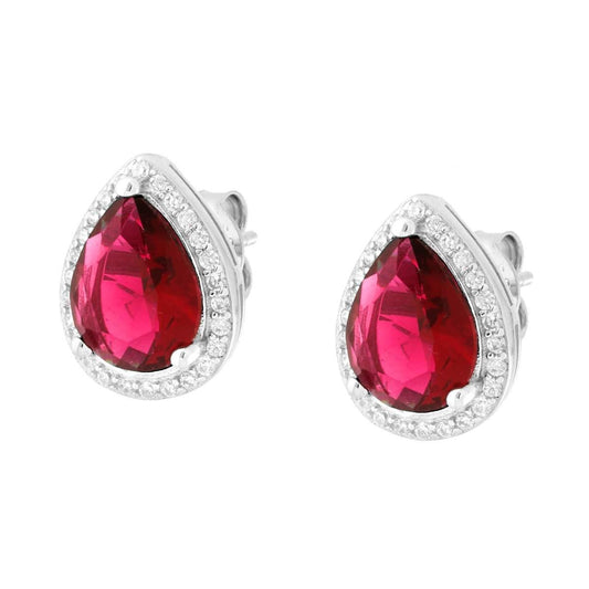 Orecchini Goccia con Zircone Rosso Rubino contornato con Zirconi Bianchi in ARGENTO 925 Galvanica Rodio