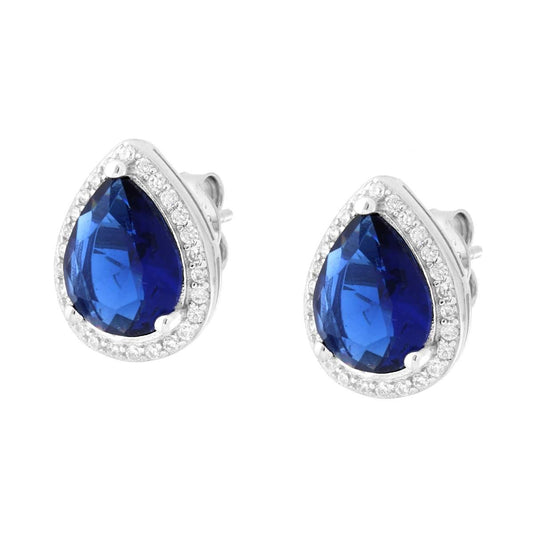 Orecchini Goccia con Zircone Blu Zaffiro contornato con Zirconi Bianchi in ARGENTO 925 Galvanica Rodio