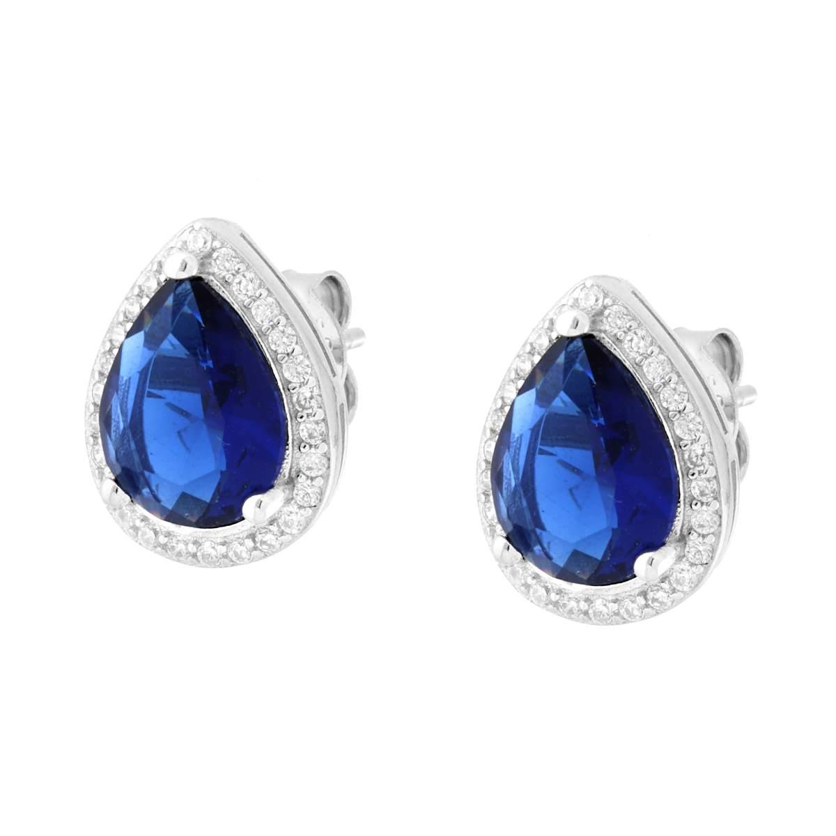 Orecchini Goccia con Zircone Blu Zaffiro contornato con Zirconi Bianchi in ARGENTO 925 Galvanica Rodio