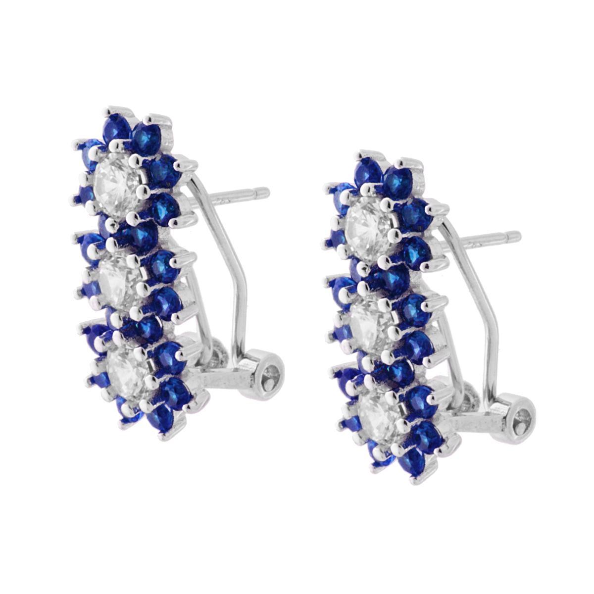 Orecchini Clip Trilogy Fiori con Zirconi Bianchi e Blu Zaffiro in ARGENTO 925 Galvanica Rodio