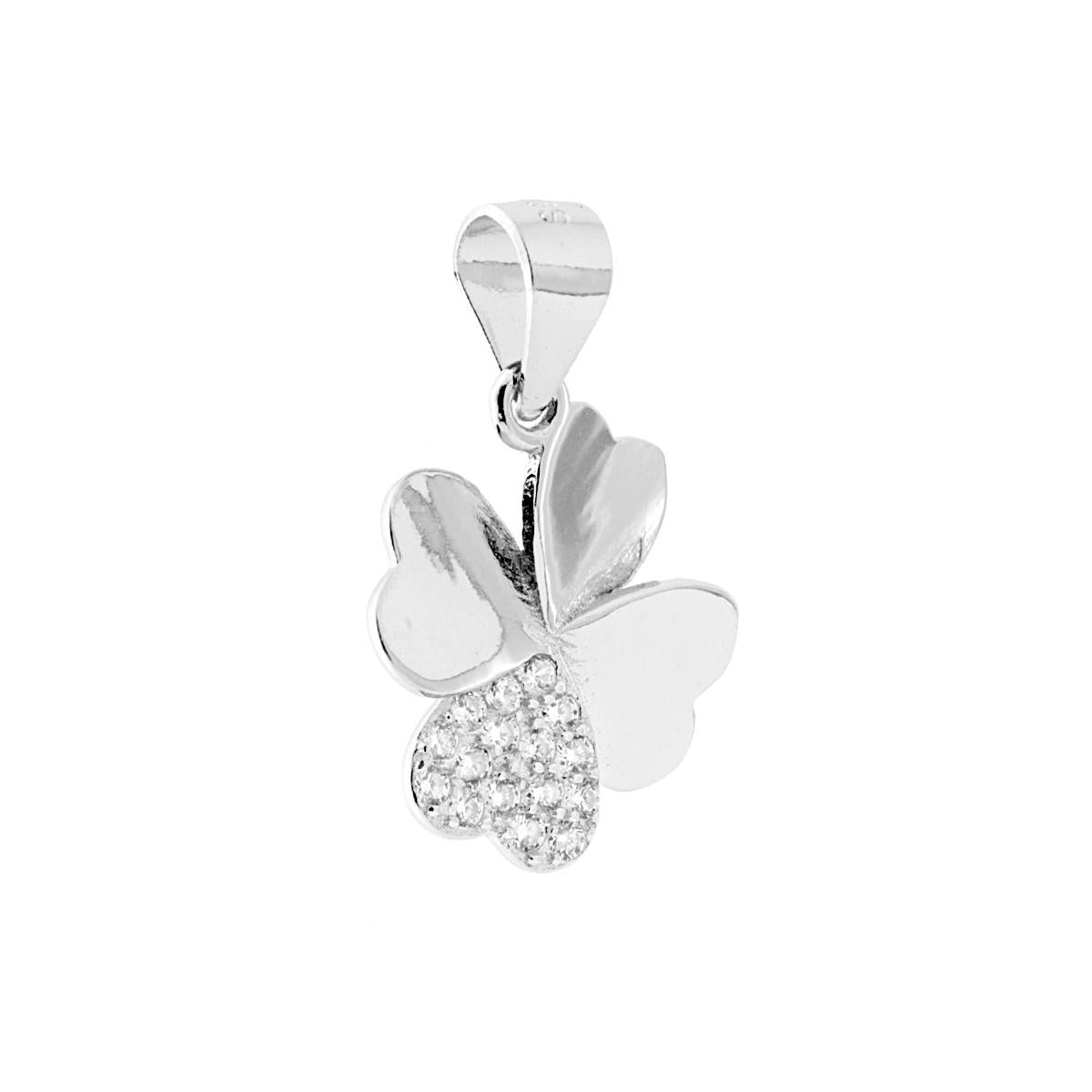 Ciondolo Quadrifoglio Cuori con Zirconi Bianchi in ARGENTO 925 Galvanica Rodio