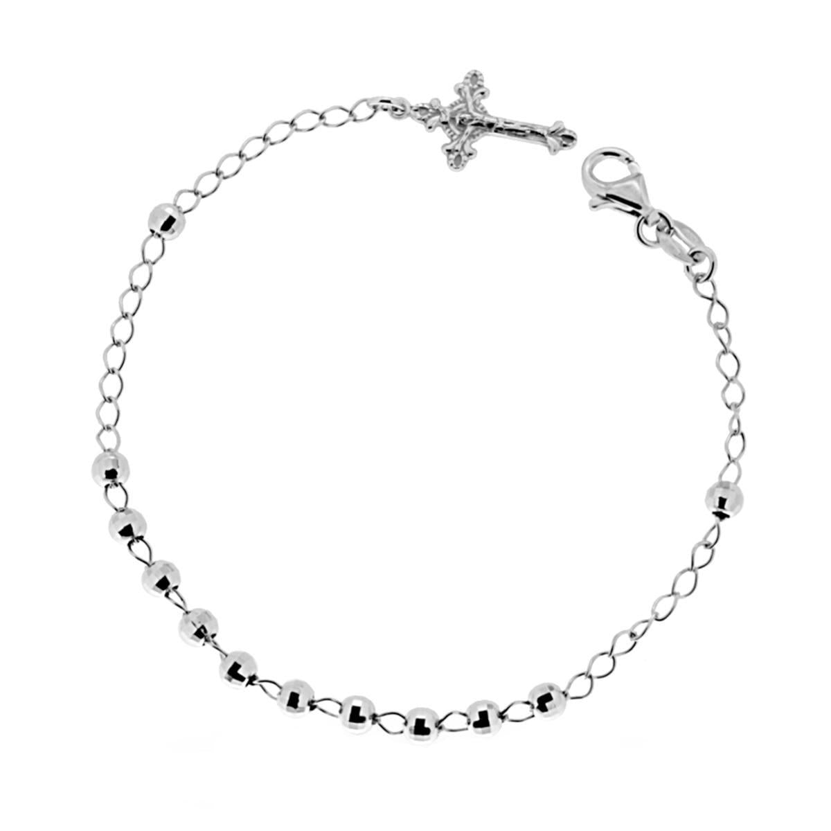 Bracciale Rosario cm 19 con Grani Diamantati mm 4 e Croce pendente in ARGENTO 925 Galvanica Rodio