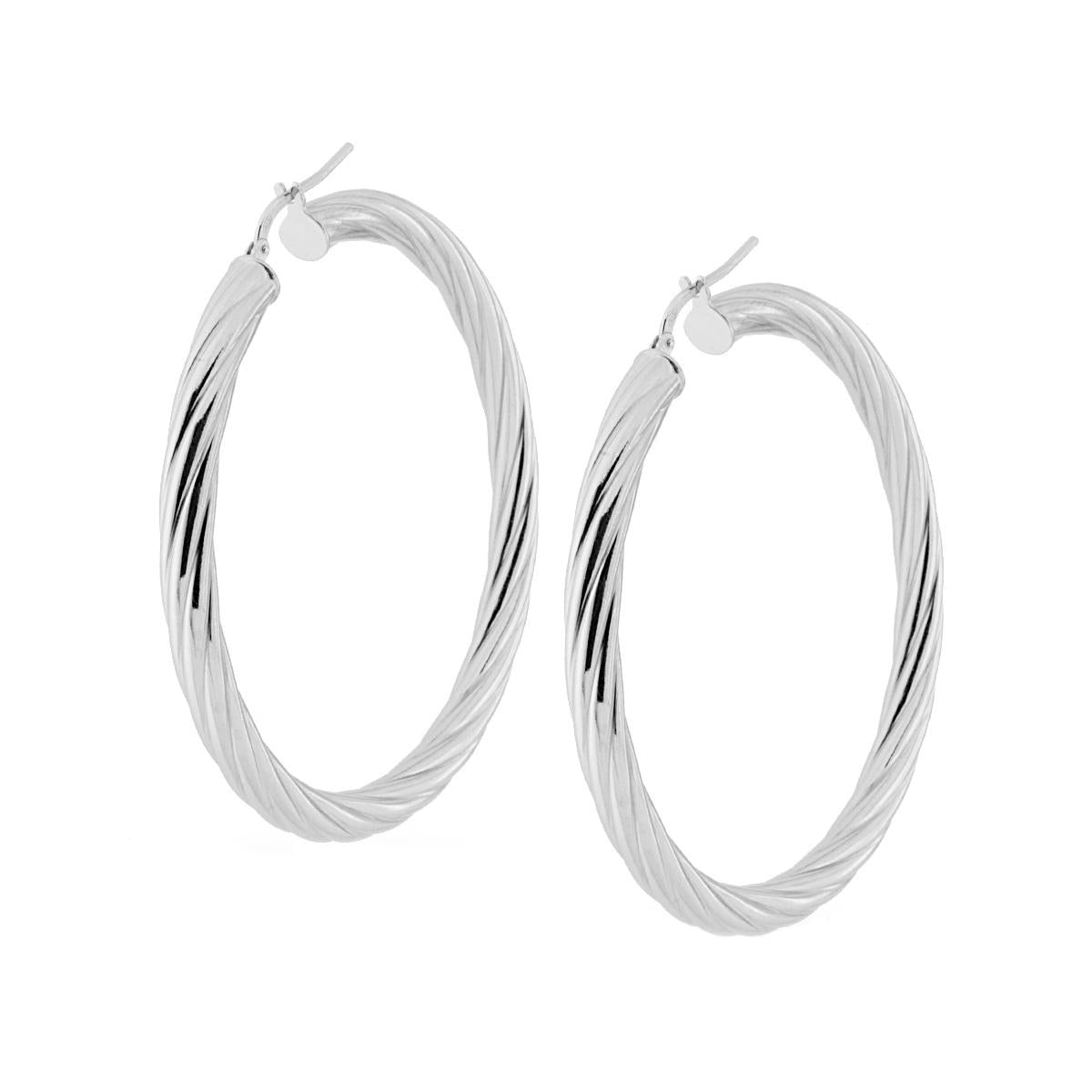 Orecchini a Cerchio mm 60 con Canna Ritorta mm 5 in ARGENTO 925 Galvanica Rodio