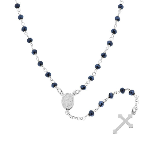 Collana Rosario cm 50 con Grani in Crystal colore Blu Avion mm 3.5 in ARGENTO 925 Galvanica Rodio
