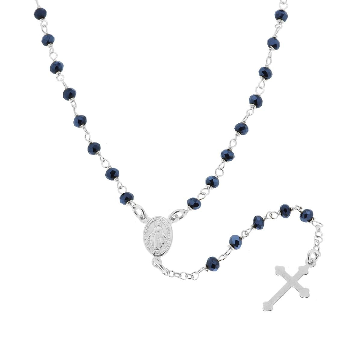 Collana Rosario cm 50 con Grani in Crystal colore Blu Avion mm 3.5 in ARGENTO 925 Galvanica Rodio