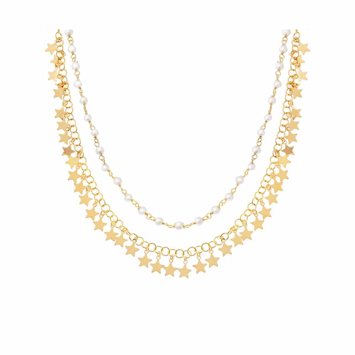 Collana due fili perle e Catena con Stelle Plain pendenti in ARGENTO 925 Galvanica Oro