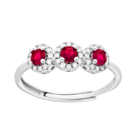 Anello Trilogy con Cubic Zirconia Rosso Rubino in ARGENTO 925 Galvanica Rodio