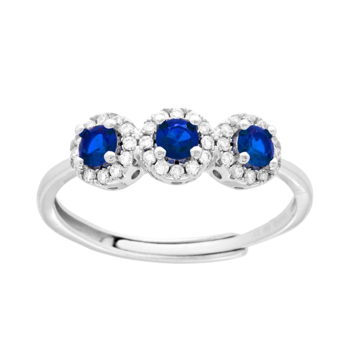 Anello Trilogy con Cubic Zirconia Blu Zaffiro in ARGENTO 925 Galvanica Rodio