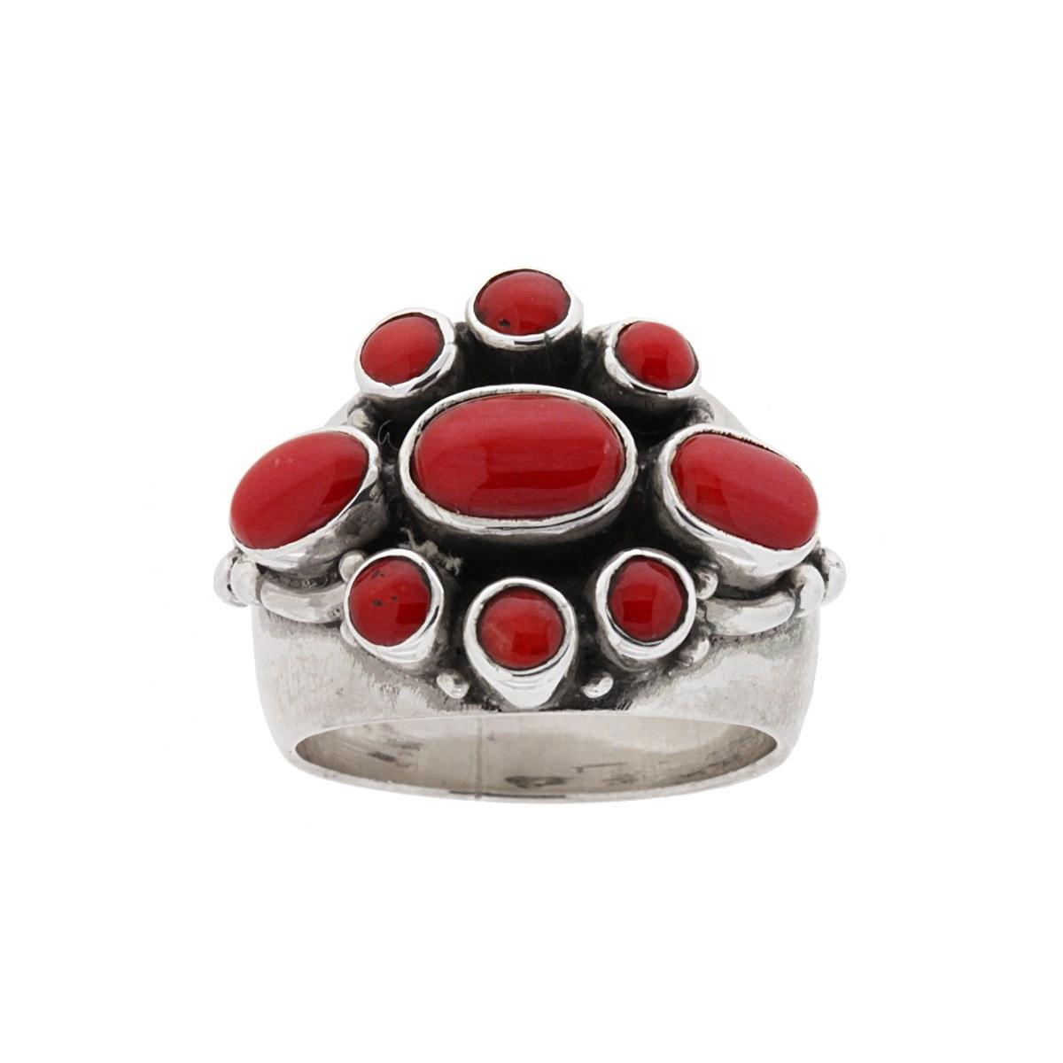 Anello Etnico Fascia con Pietre Corallo in ARGENTO 925