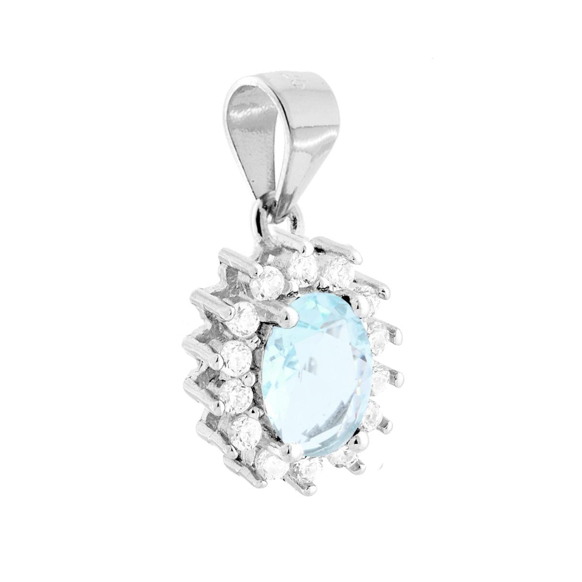 Ciondolo con Zircone Ovale Acquamarina contornato con Zirconi Bianchi in ARGENTO 925 Galvanica Rodio