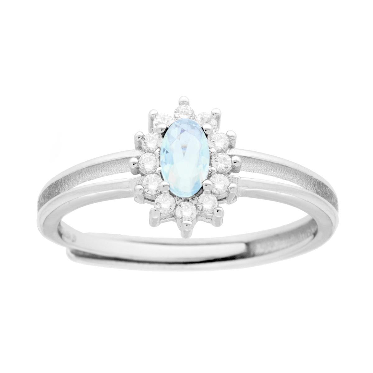 Anello Solitario con Zircone ovale Acquamarina contornato con Zirconi Bianchi in ARGENTO 925 Galvanica Rodio