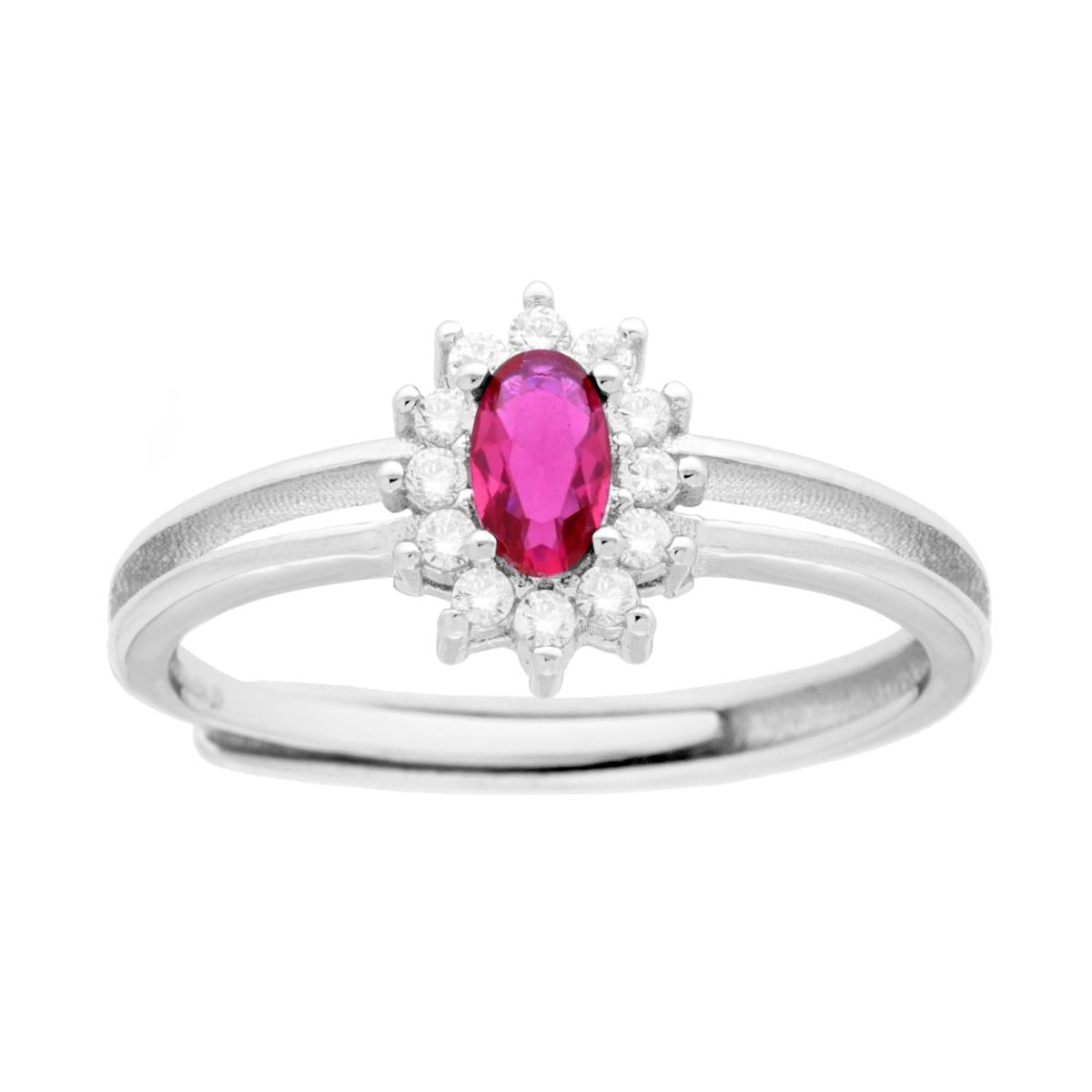 Anello Solitario con Zircone Ovale Rosso Rubino contornato con Zirconi Bianchi in ARGENTO 925 Galvanica Rodio
