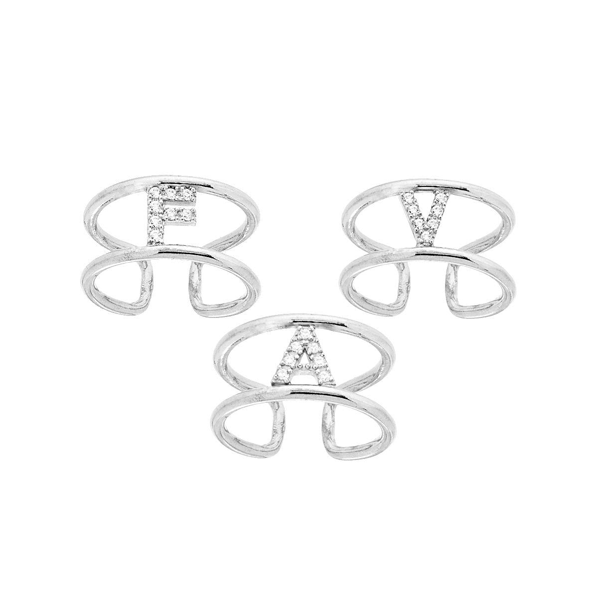 Anello Fascione a doppia gambo con Lettera Iniziale con Zirconi Bianchi in ARGENTO 925 Galvanica Rodio