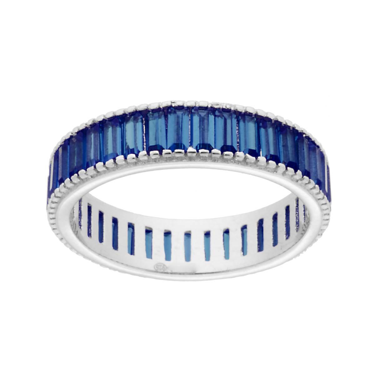 Anello Eternity con con Cubic Zirconia Blu Zaffiro taglio Baguette in ARGENTO 925 Galvanica Rodio