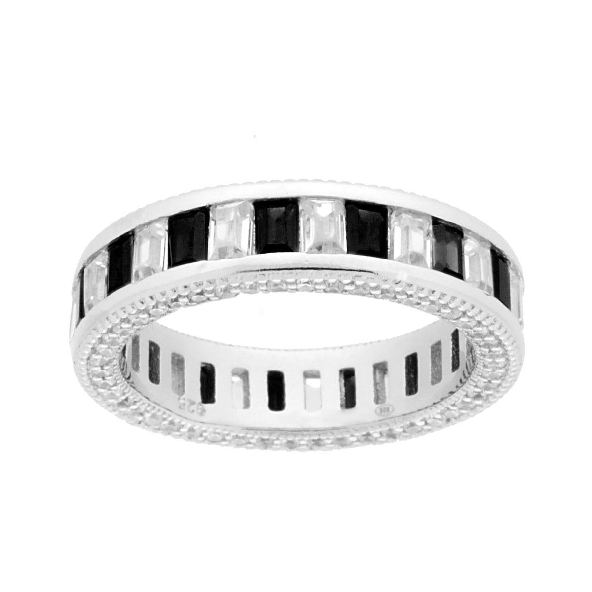 Anello Eternity Veretta con Cubic Zirconia Bianchi e Neri taglio Baguette in ARGENTO 925 Galvanica Rodio