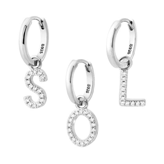 Orecchino Cerchio con Lettera e Zirconi Bianchi in ARGENTO 925 Galvanica Rodio
