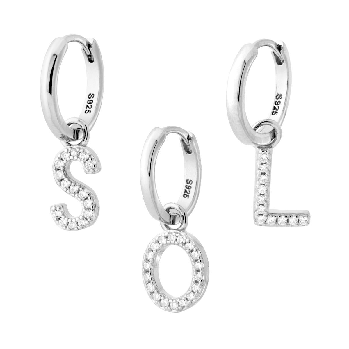 Orecchino Cerchio con Lettera e Zirconi Bianchi in ARGENTO 925 Galvanica Rodio