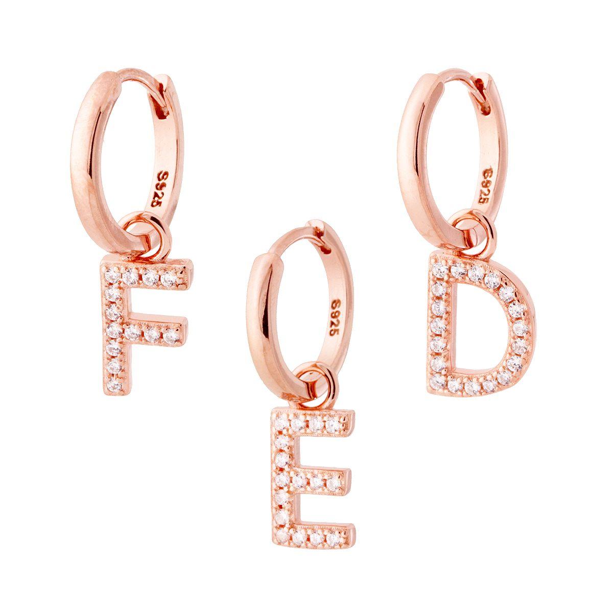 Orecchino Cerchio con Lettera e Zirconi Bianchi in ARGENTO 925 Galvanica Rosa
