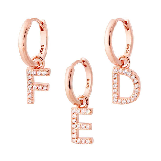 Orecchino Cerchio con Lettera e Zirconi Bianchi in ARGENTO 925 Galvanica Rosa