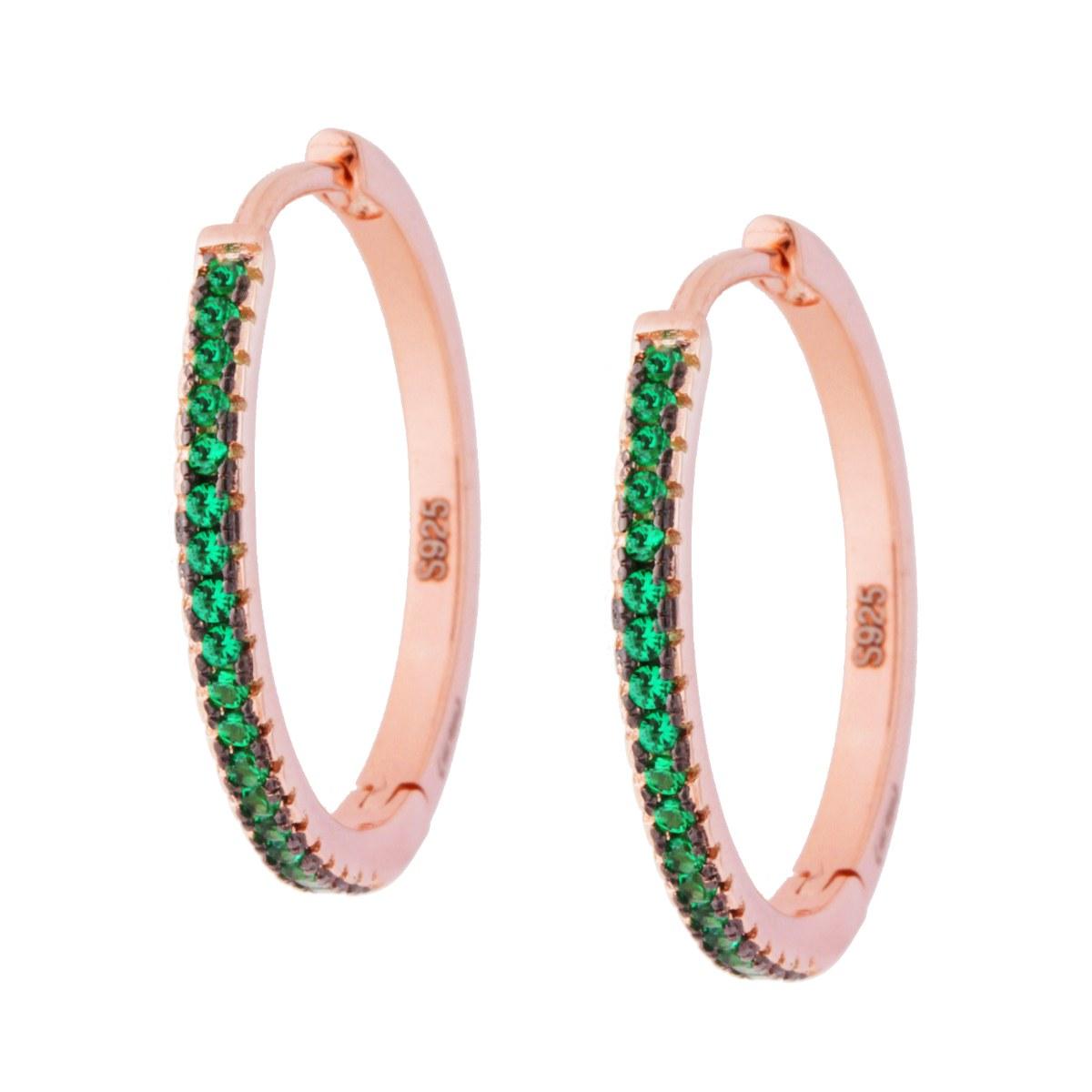 Orecchini Cerchio mm 25 con Zirconi Verde Smeraldo in ARGENTO 925 Galvanica Rosa